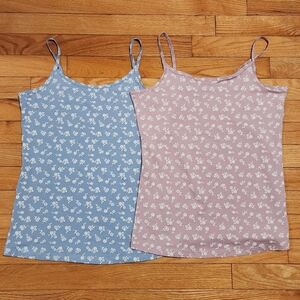 2 Floral Cami Tank Tops Baby Blue and Baby Pink with White Flowers
